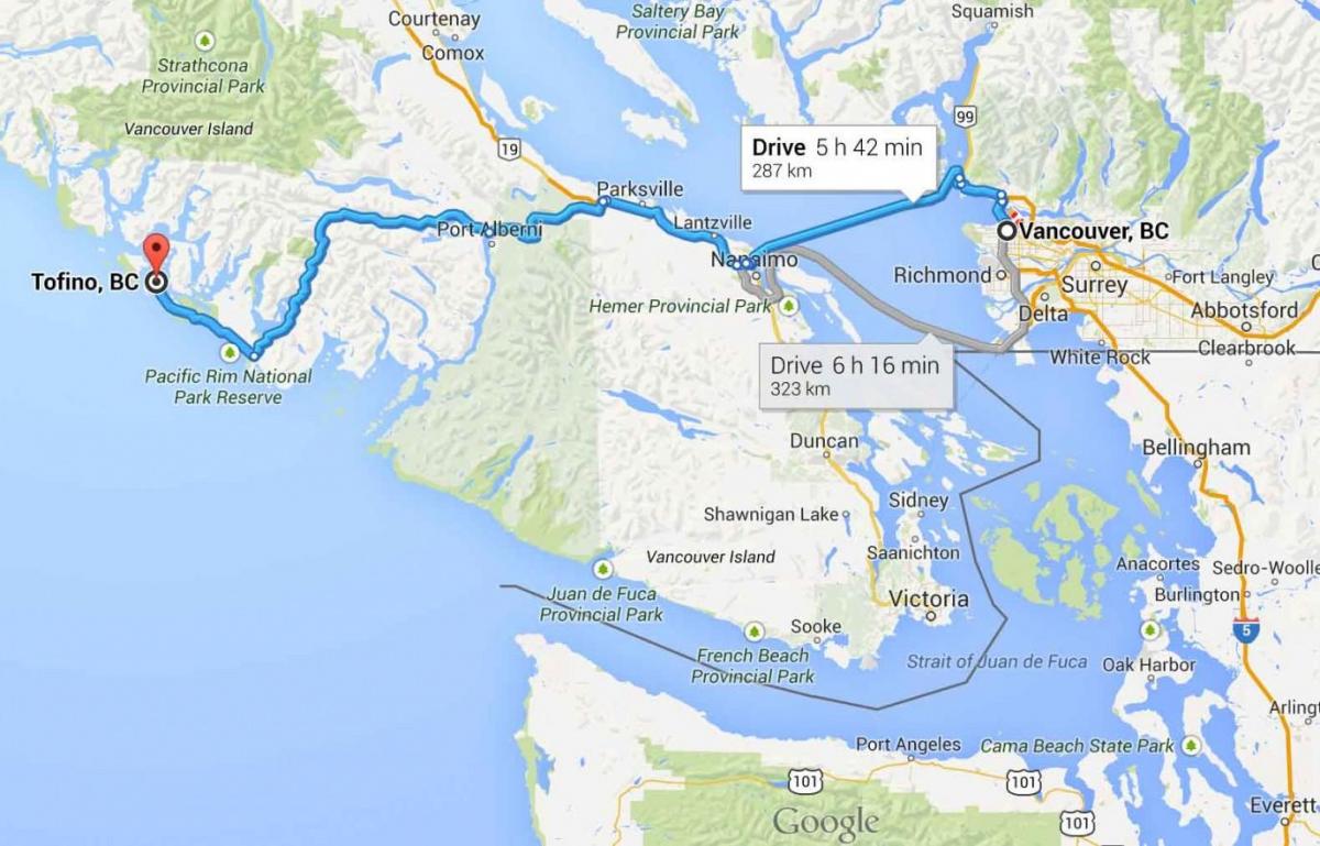 Карта Тофино на остров Ванкувър 