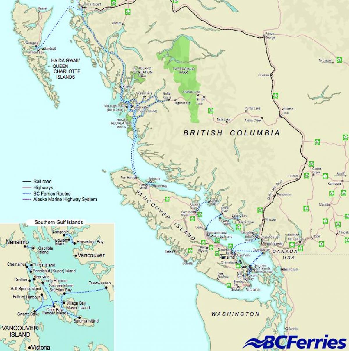 фериботи Ванкувър в Ванкувър остров на картата
