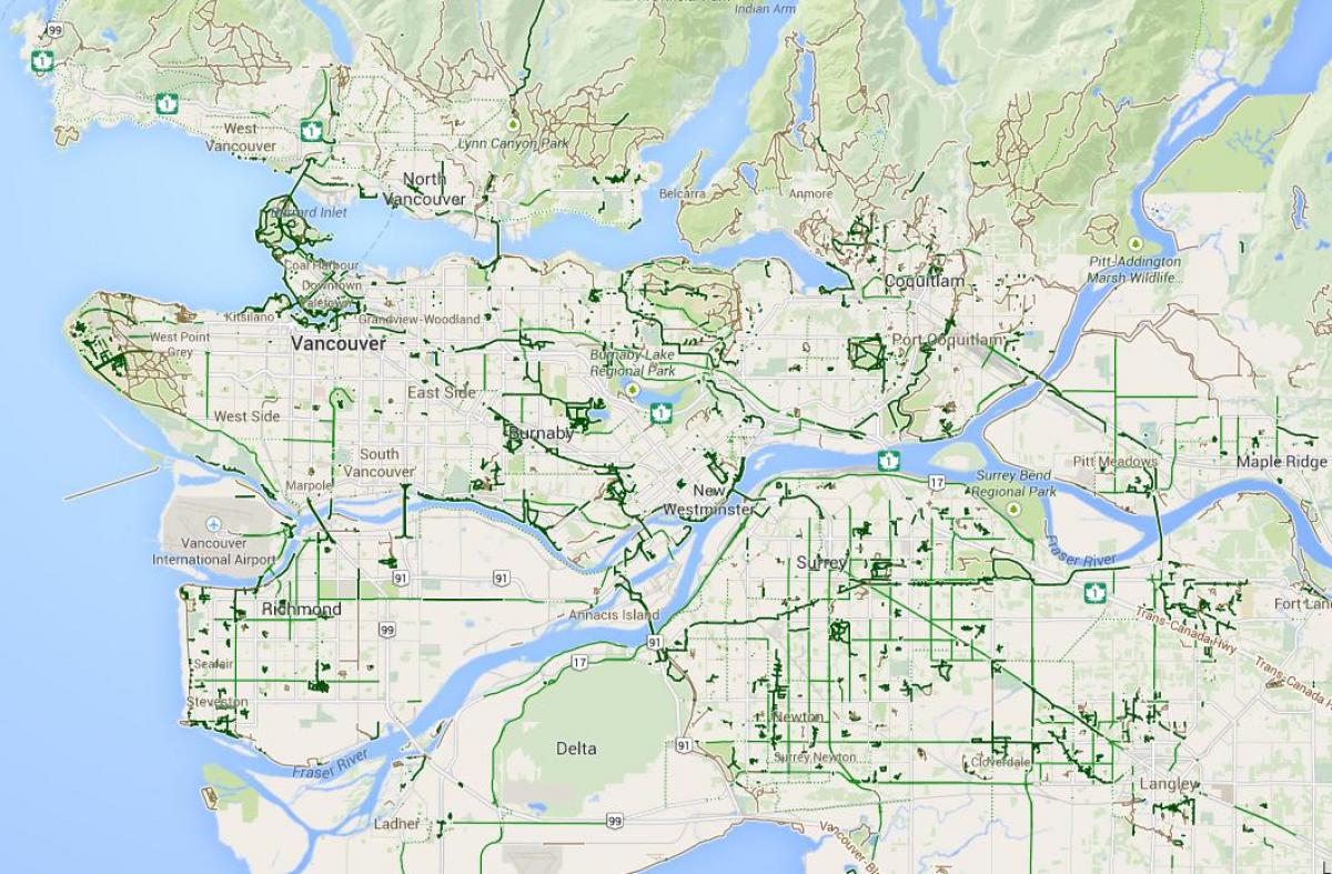 Карта на Метрото Ванкувър колоездене
