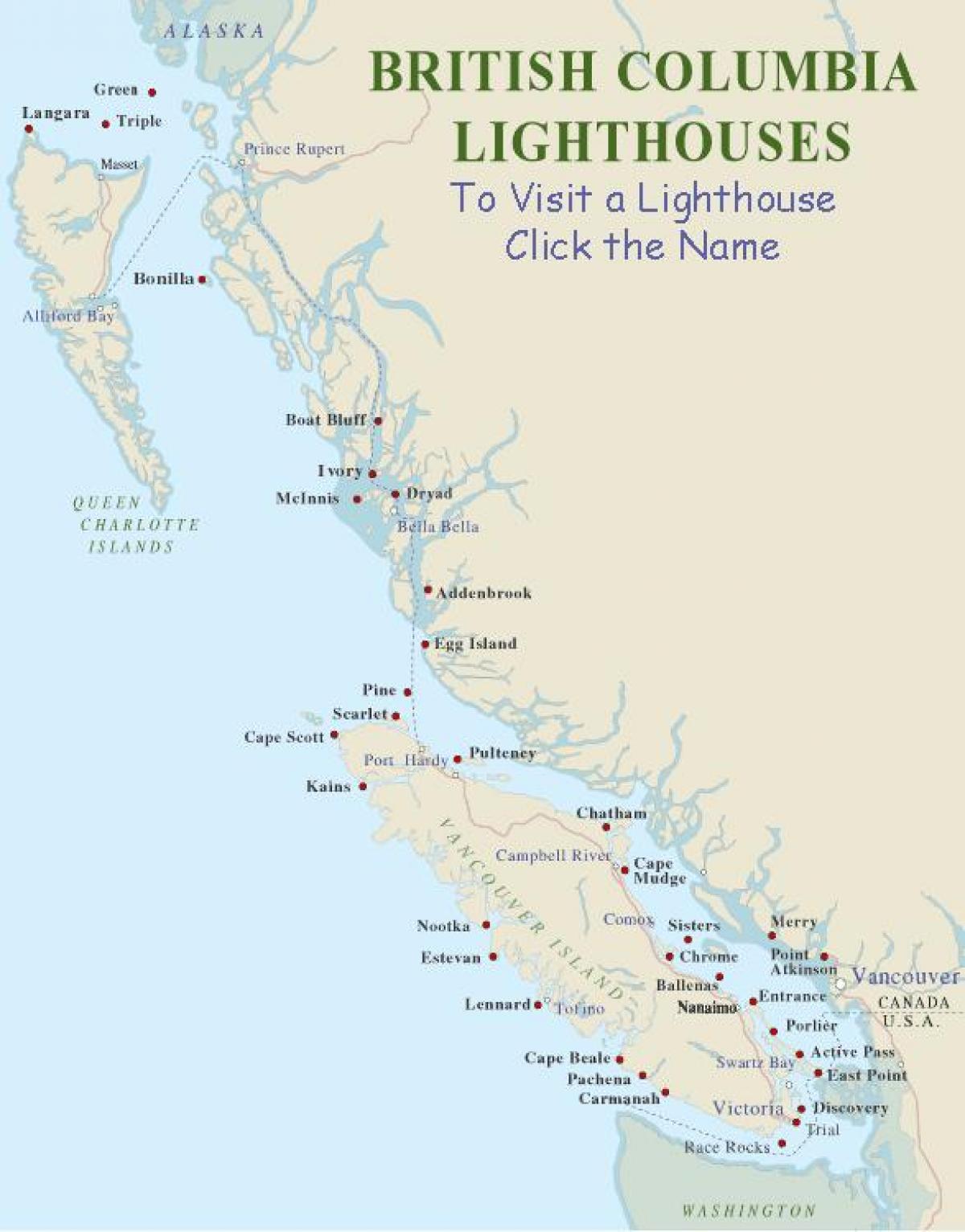 Карта на остров Ванкувър маяци