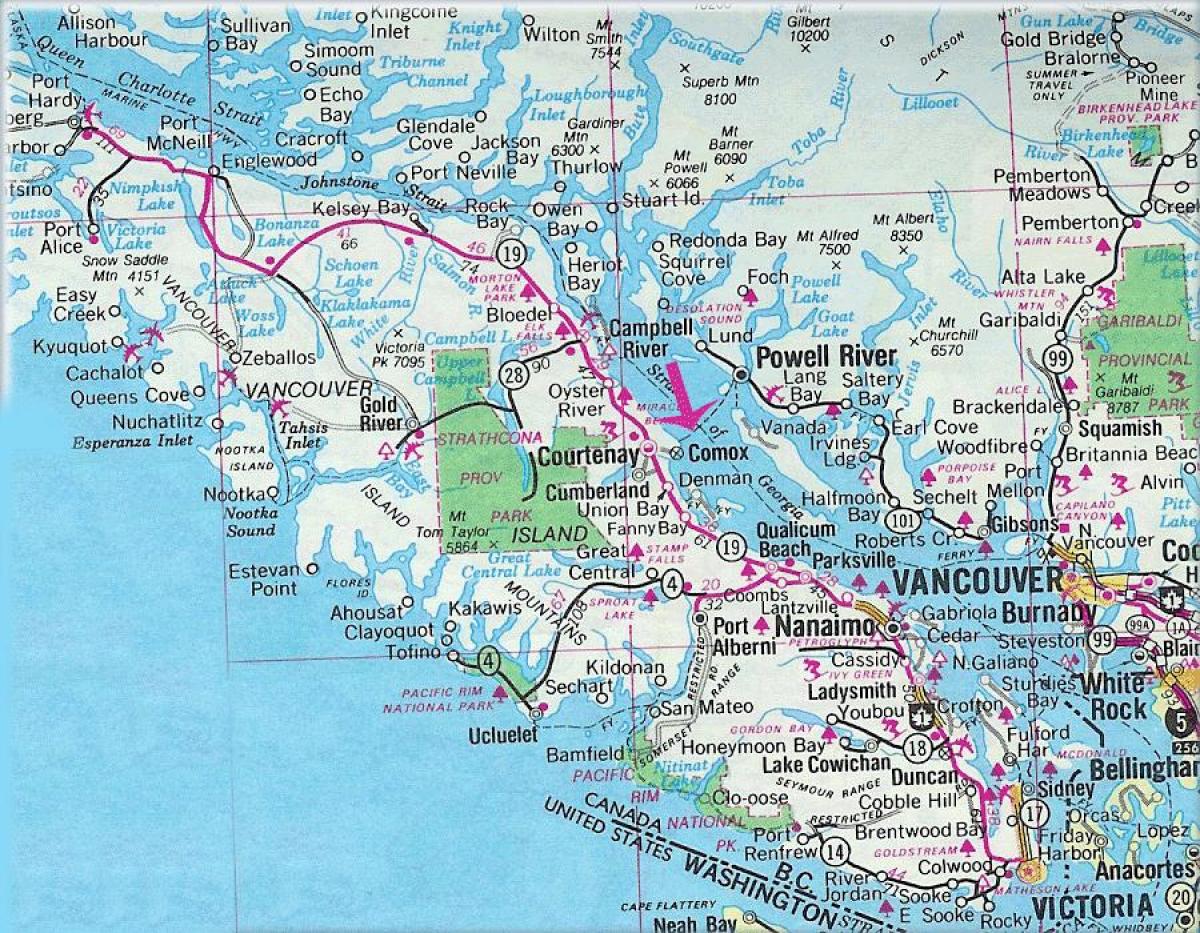 Карта на остров Ванкувър езера