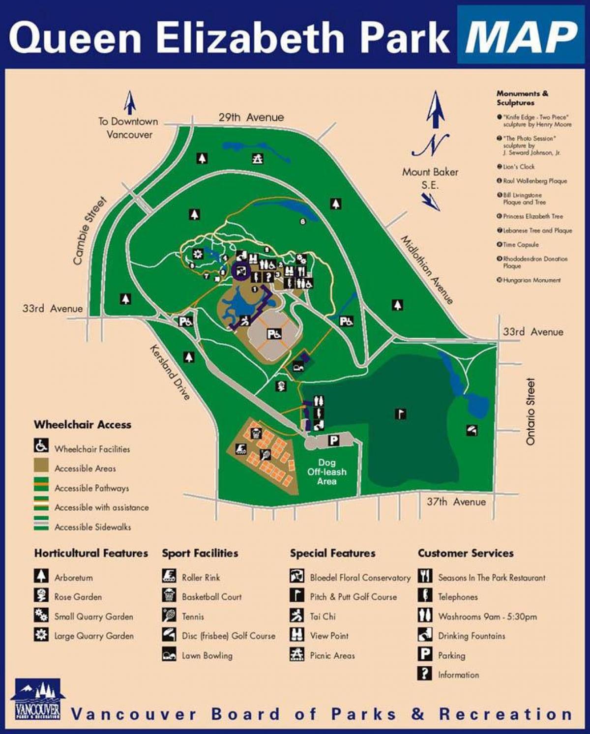 Карта на парка кралица Елизабет във Ванкувър