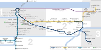 Летище на Ванкувър и до центъра на skytrain картата